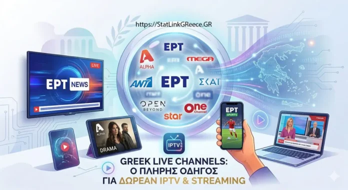 Greek Live Channels 2026 – Ο Πλήρης Οδηγός που Πραγματικά Λειτουργεί Οθόνη Smart TV με greek live channels και λογότυπα ελληνικών καναλιών ΕΡΤ ANT1 MEGA σε streaming interface