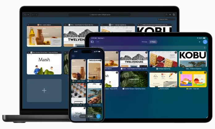 Οθόνη iPhone με Safari ανοιχτό και το νέο μενού Organize Tabs του iOS 27 που ομαδοποιεί καρτέλες με AI