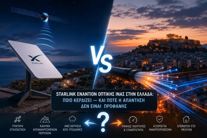 Starlink εναντίον οπτικής ίνας στην Ελλάδα: ποιο κερδίζει — και πότε η απάντηση δεν είναι προφανής Starlink εναντίον οπτικής ίνας στην Ελλάδα
