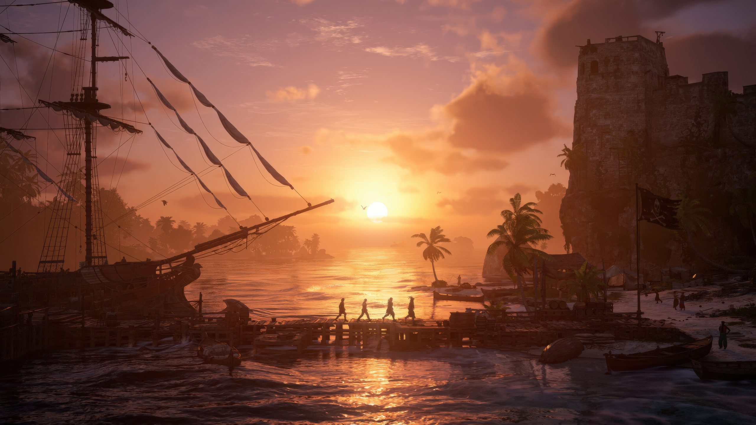 Ένα ηλιοβασίλεμα στο παιχνίδι Assassin's Creed IV: Black Flag δείχνει σιλουέτες να περπατούν σε ένα ντόκο κοντά σε πλοίο, με μια πειρατική σημαία να κυματίζει κοντά σε ένα φρούριο.