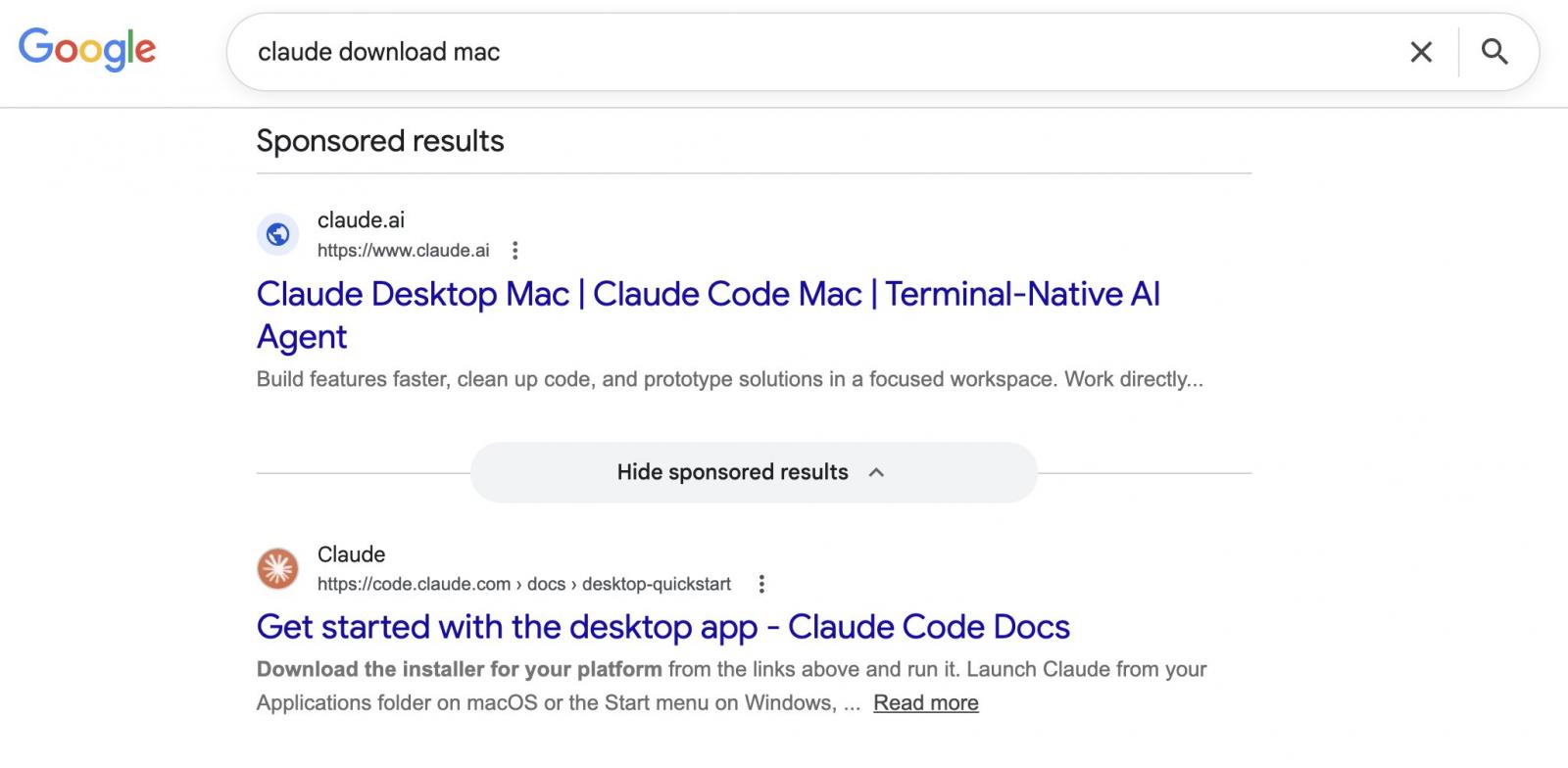 Αποτέλεσμα αναζήτησης με χορηγία της Google για 'claude download mac'