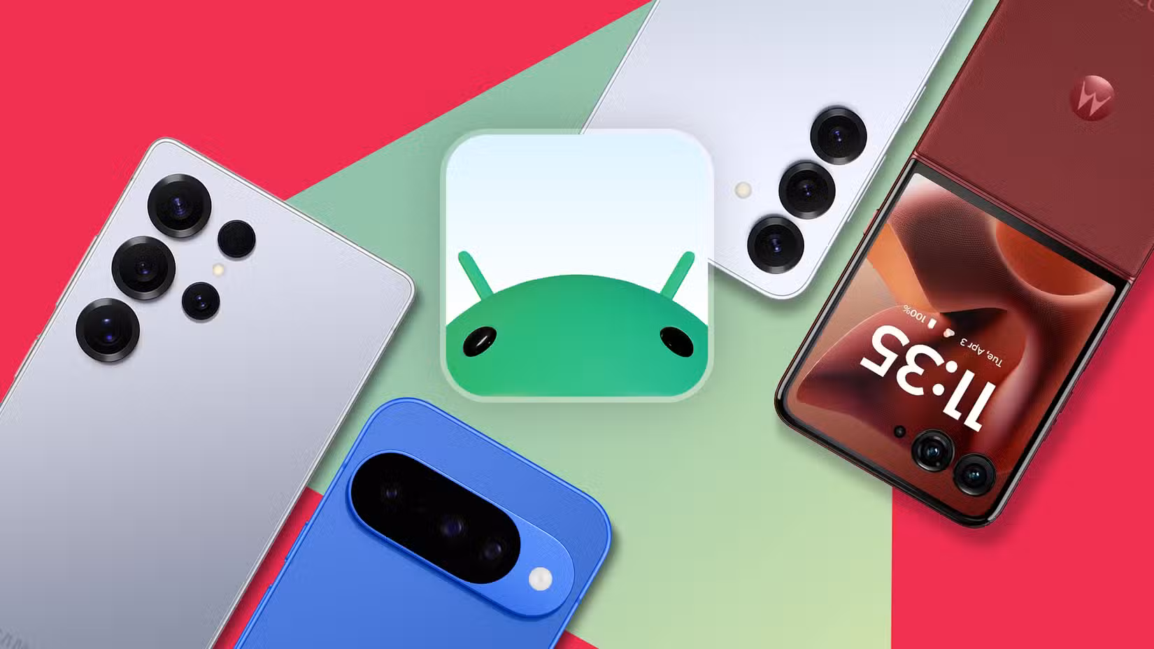 Κολάζ από smartphones ναυαρχίδα Android που περιβάλλουν το λογότυπο Android.