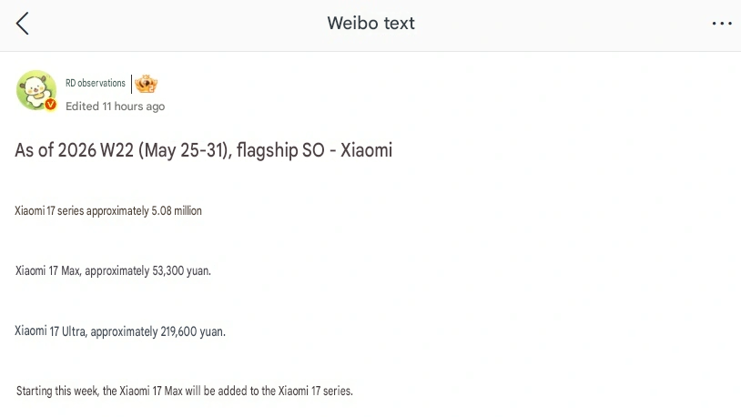 Πωλήσεις της σειράς Xiaomi 17