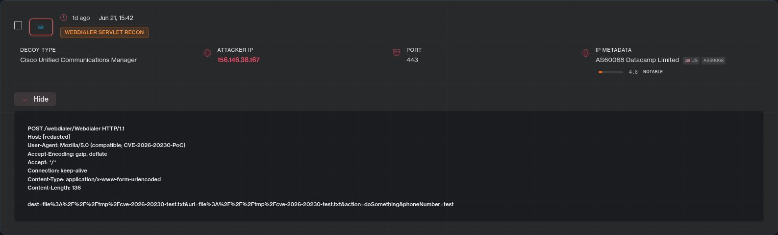 Cisco CVE-2026-20230 exploit σε honeypot