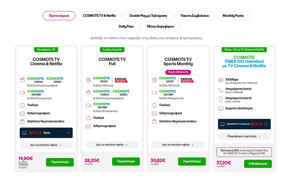 Η εικόνα δείχνει το πακέτο της Cosmote TV με το Netflix που βρίσκεται σε προσφορά αυτή την περίοδο.