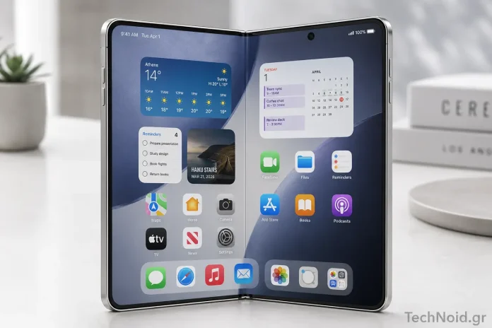 iPhone Fold 2026 – Όσα ξέρουμε μέχρι σήμερα — και ένα σοβαρό ερώτημα για την τιμή iPhone Fold 2026 render με ανοιχτή εσωτερική οθόνη και titanium μεντεσέ