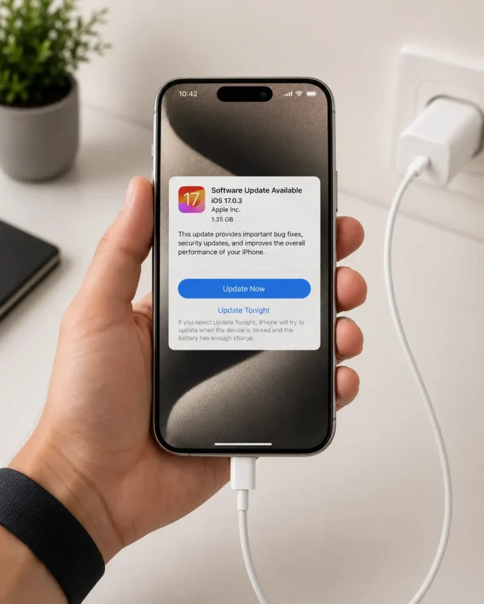 iPhone 17 Pro συνδεδεμένο σε USB-C φορτιστή με iOS 26.5.1 update notification