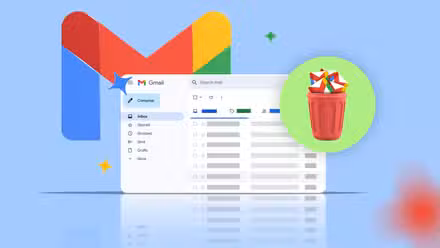 Η διεπαφή του Gmail δίπλα σε έναν κόκκινο κάδο απορριμμάτων που ξεχειλίζει από εικονίδια email