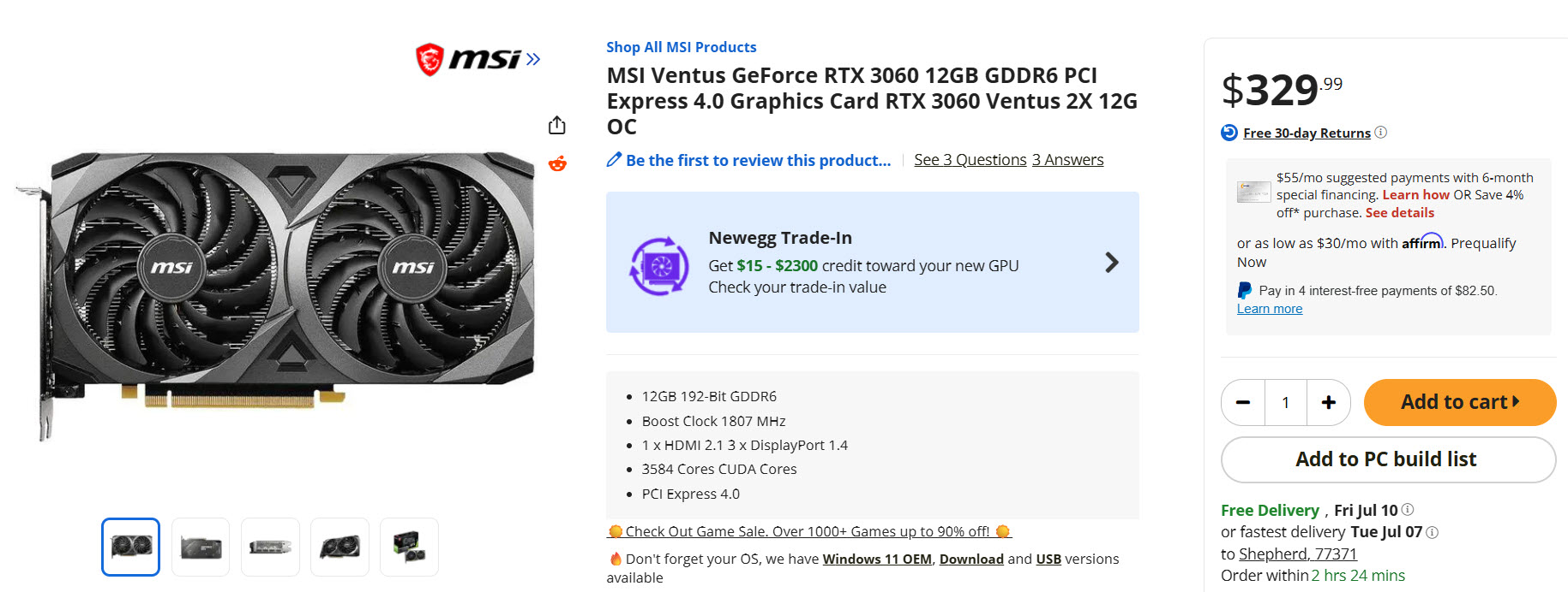 Η κάρτα γραφικών MSI Ventus GeForce RTX 3060 12 GB GDDR6 εμφανίζεται σε μια σελίδα προϊόντος με τιμή 329,99 $, επισημαίνοντας προδιαγραφές όπως «12 GB 192-bit GDDR6» και «Ενίσχυση ρολογιού 1807 MHz».