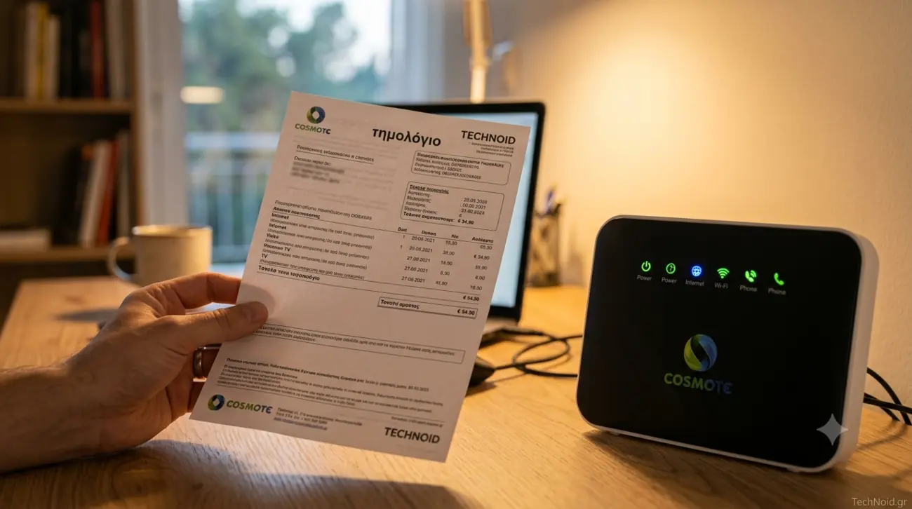 Λογαριασμός Cosmote δίπλα σε router με αναμμένα led