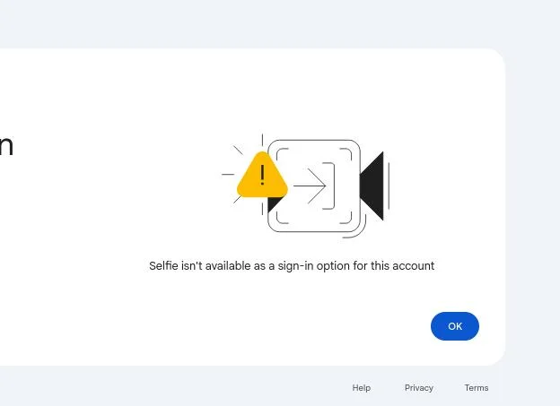 Το χαρακτηριστικό του selfie video για το sign in σε έναν Google λογαριασμό δεν είναι διαθέσιμο για τον λογαριασμό μας, όπως δείχνει το screenshot από τη δοκιμή που κάναμε εδώ στο techmaniacs.gr.
