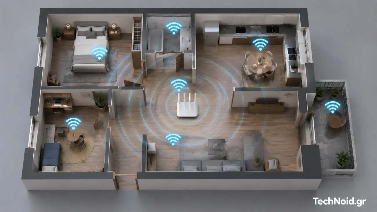 Αγόρασες Wi-Fi Extender για Κάλυψη; — Πήρες και Μισή Ταχύτητα Μαζί Κάλυψη Wi-Fi σήματος σε κάτοψη διαμερίσματος