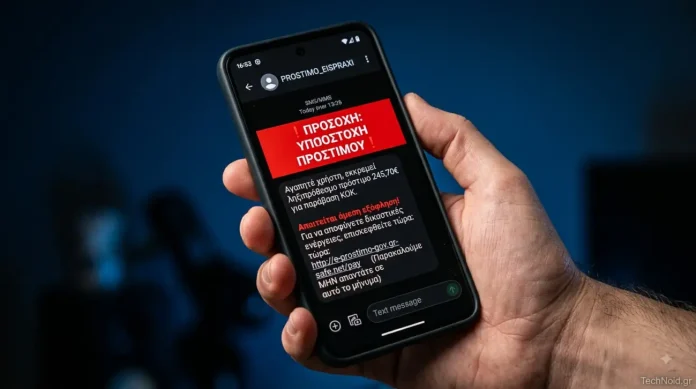 Πλαστό SMS πρόστιμο σε οθόνη smartphone - απάτη phishing